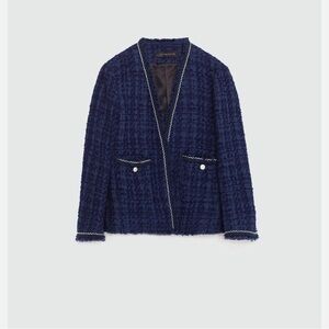 Zara Navy Tweed Blazer with Gold Buttons Size S